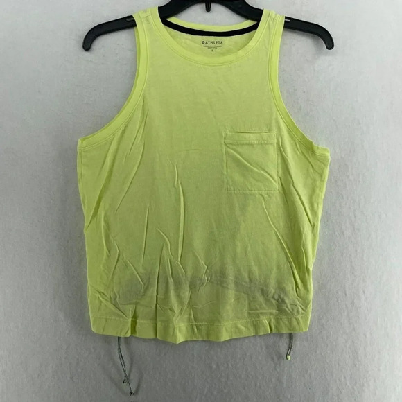 Athleta Tank Top Women's S Neon Green Round Neck Cropped Drawstring Waist Gym - Picture 1 of 11